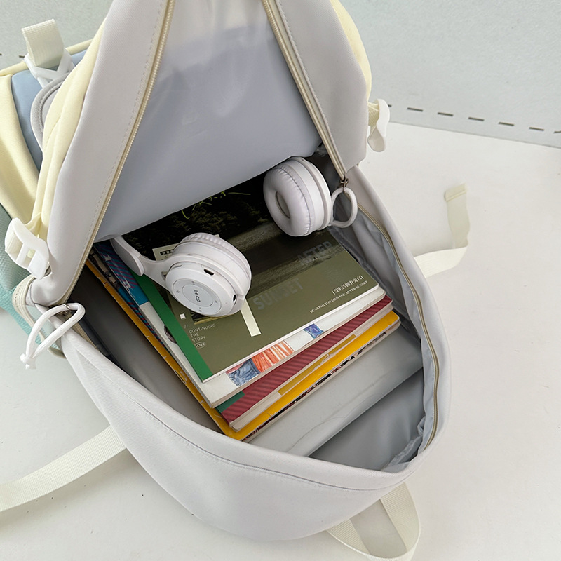 A new high-appearance-level school-style ins fresh and sweet color-blocking and patchwork backpack, a lightweight backpack for junior and senior high school students Application Scenario