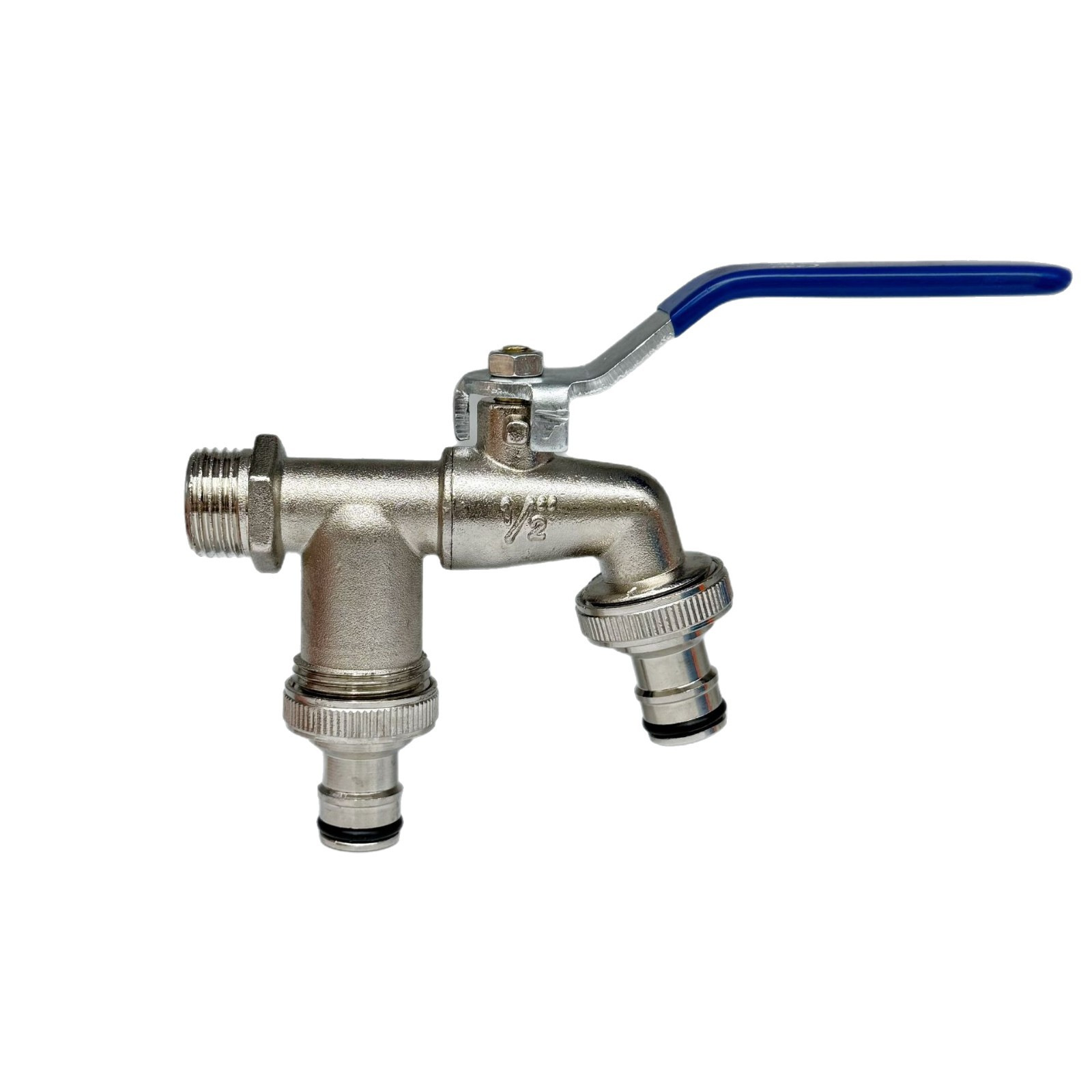 Cross-border exclusive gardening double water outlet 1/2 zinc alloy faucet, one inlet and two outlets, double pacifier, blue handle faucet details Picture