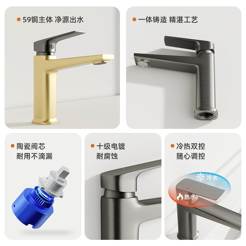 All-copper washbasin faucet, single-hole gun gray bathroom, home bathroom, light luxury countertop basin, washbasin, cold and hot water faucet details Picture