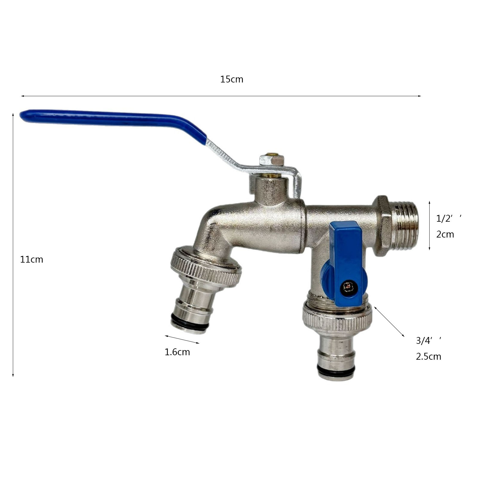 Cross-border exclusive gardening double water outlet 1/2 zinc alloy faucet, one inlet and two outlets, double pacifier, blue handle faucet Specification drawing