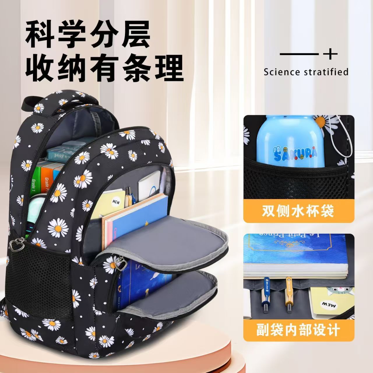 Wholesale of Small Daisy student schoolbags, three-piece sets for primary, middle and high school students and girls, large-capacity water-resistant casual backpacks details Picture