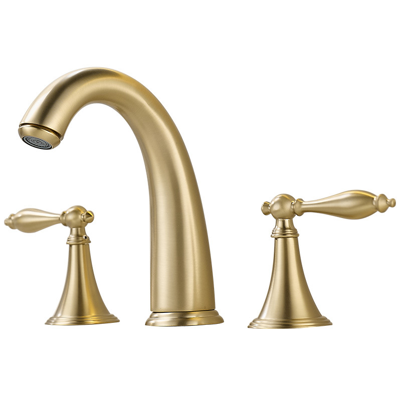 European-style three-hole washbasin faucet bathroom cabinet, split type, double handle, three-hole brushed gold three-piece set, washbasin faucet Item Picture