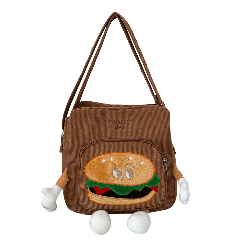 Cute hamburger crossbody bag for autumn and winter, Japanese Instagram cute corduroy cartoon single-shoulder bag, student commuting bag for class Item Picture