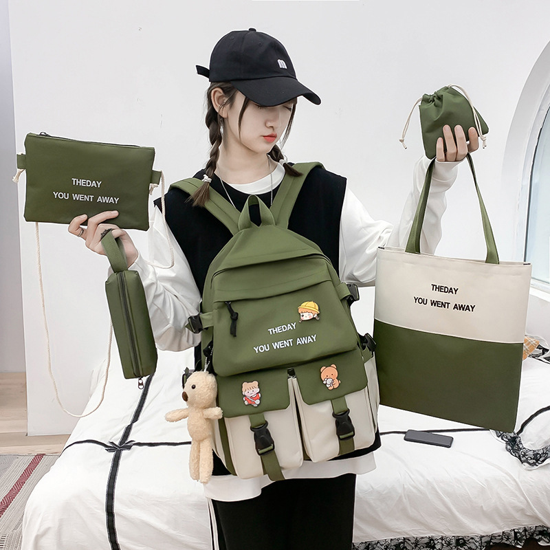 Trendy Korean-style five-piece student schoolbag set, color-blocked backpacks for middle and primary school students, fashionable campus student backpacks details Picture