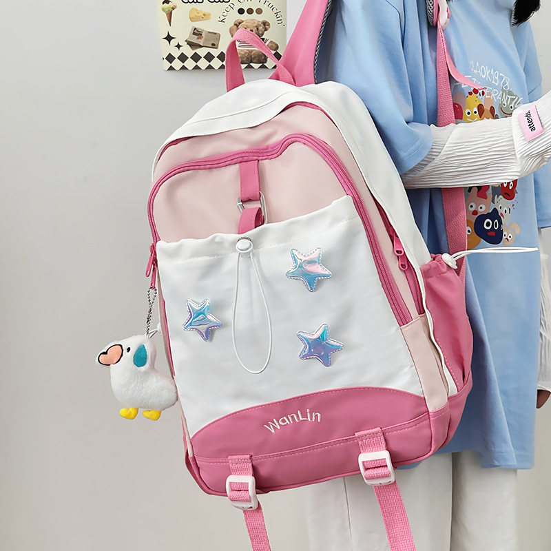 Korean macarons are cute and versatile. Junior high school schoolbag, girl's stylish color-blocking backpack, high appearance level high school student backpack details Picture