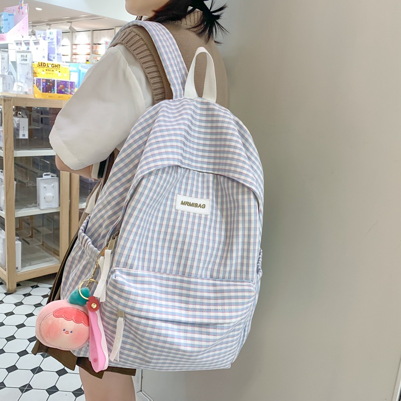 Japanese-style artistic checkered schoolbag for girls, Korean version of Harajuku style, campus backpack for junior and senior high school students, fresh for college students' shoulders details Picture