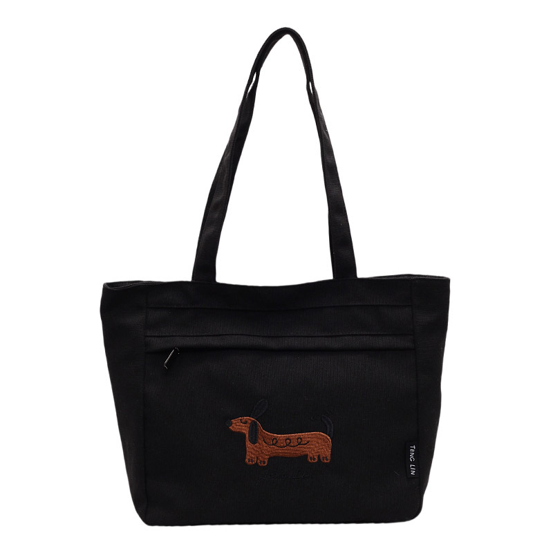 2025 New Korean-style artistic Dachshund embroidered hand and shoulder canvas casual, fashionable and versatile student tote bag Item Picture