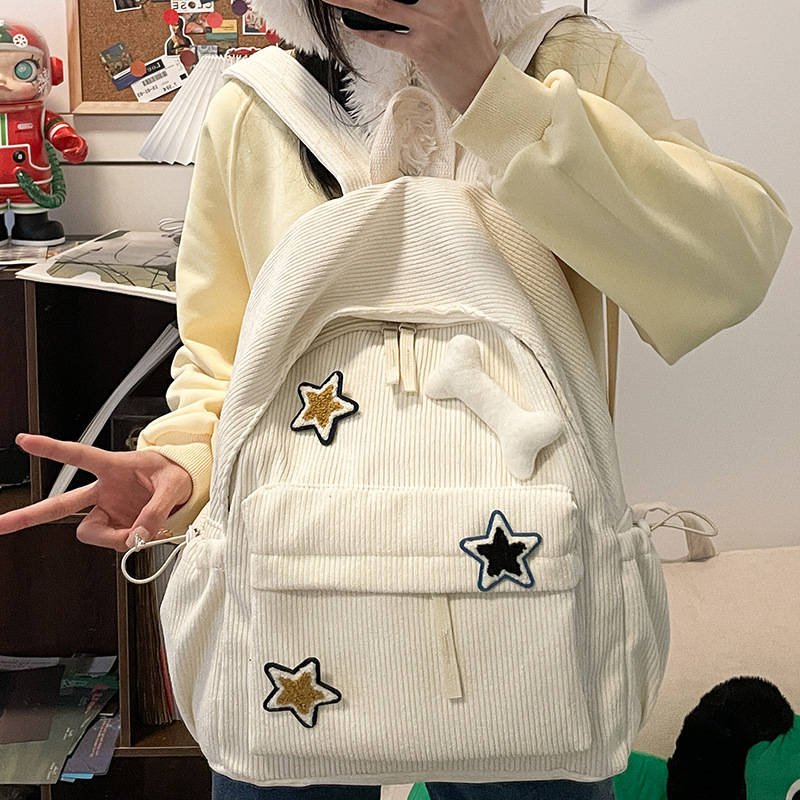 Japanese-style ins school style cute and soft girl corduroy backpack, a small daily commuting backpack with a fresh and light forest style for women details Picture