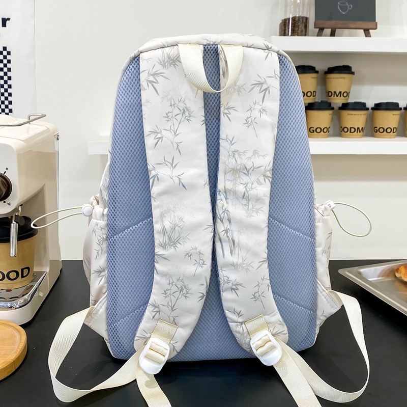 A new high-appeal solid-color bamboo print backpack from Korean Instagram, a couple's lightweight travel backpack with large capacity Specification drawing