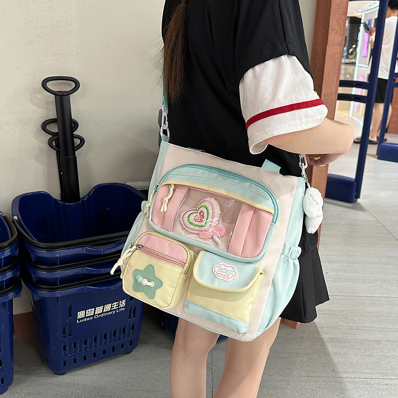 A new high-appeartion-level Japanese ins fresh and sweet color-blocking patchwork cute girl tutorial bag and a lightweight crossbody bag details Picture