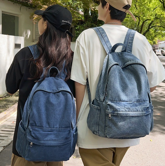 New schoolbag with high appearance level, Hong Kong feng shui wash denim backpack, trendy couple style, casual travel lightweight backpack full figure