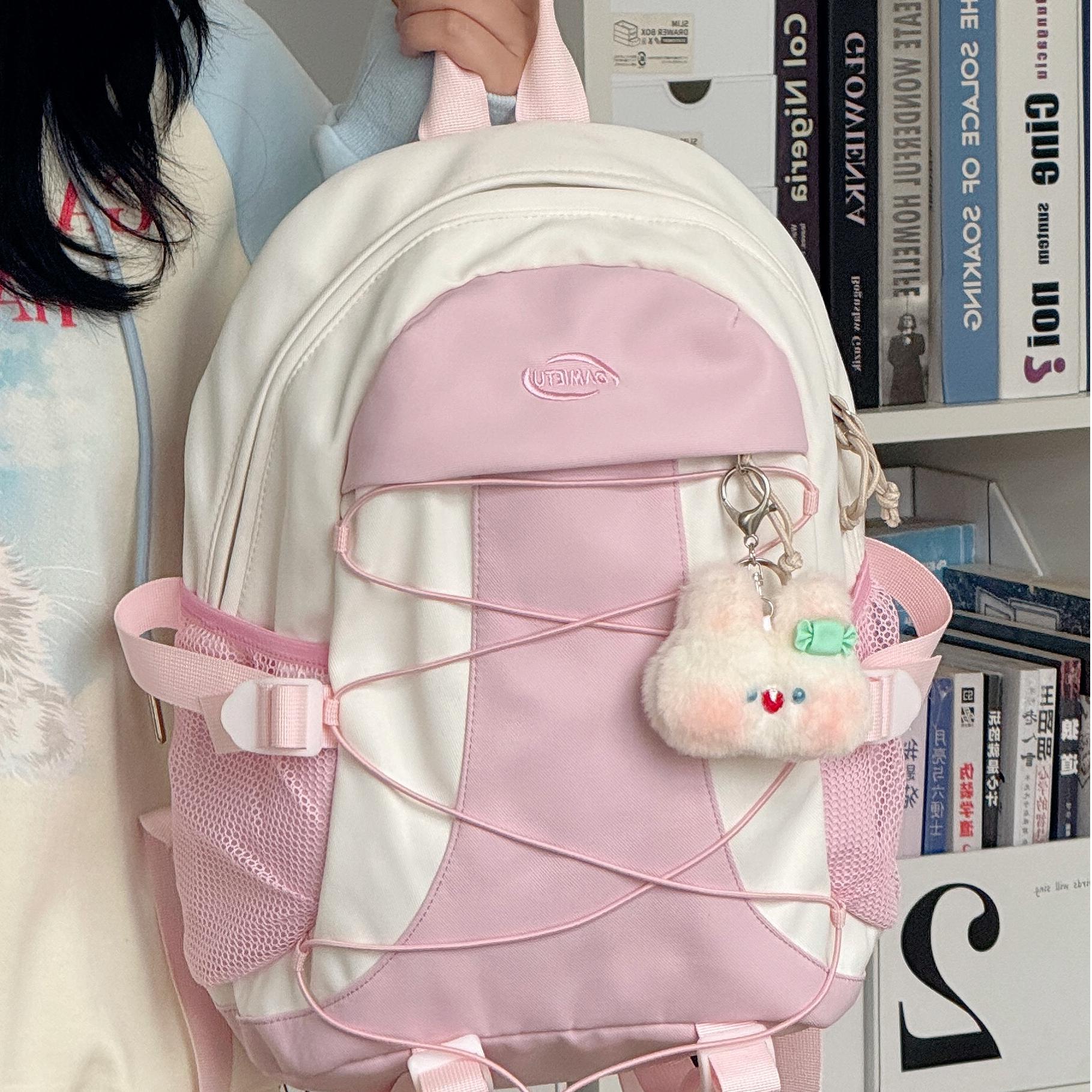 Summer's new high-appeal color-blocking drawstring backpack for women, a light and fresh forest-style backpack for junior and senior high school students details Picture