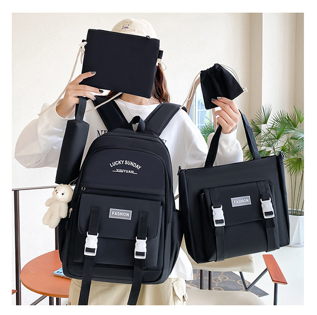 Korean version high school student schoolbag, large-capacity junior high school student trendy backpack, girls' ins school five-piece set, make-up class backpack Specification drawing