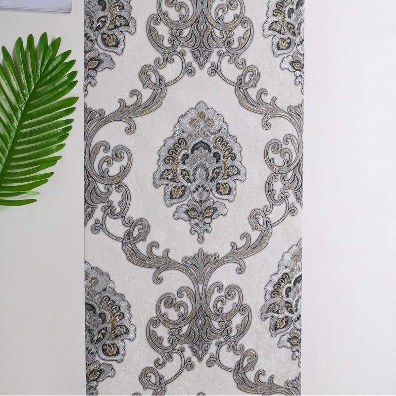 Pure black 3D European-style large floral wallpaper for restaurant, hotel, KTV and bar background walls, luxurious deep blue embossed wallpaper details Picture