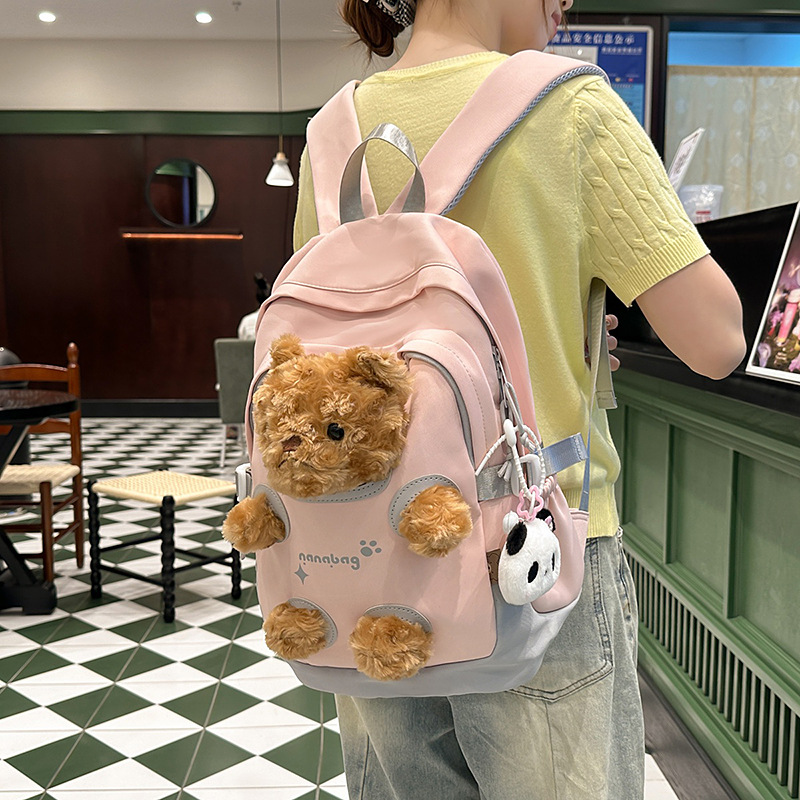 Versatile, good-looking, soft and cute travel backpack, niche design schoolbag, bear doll, lightweight backpack details Picture