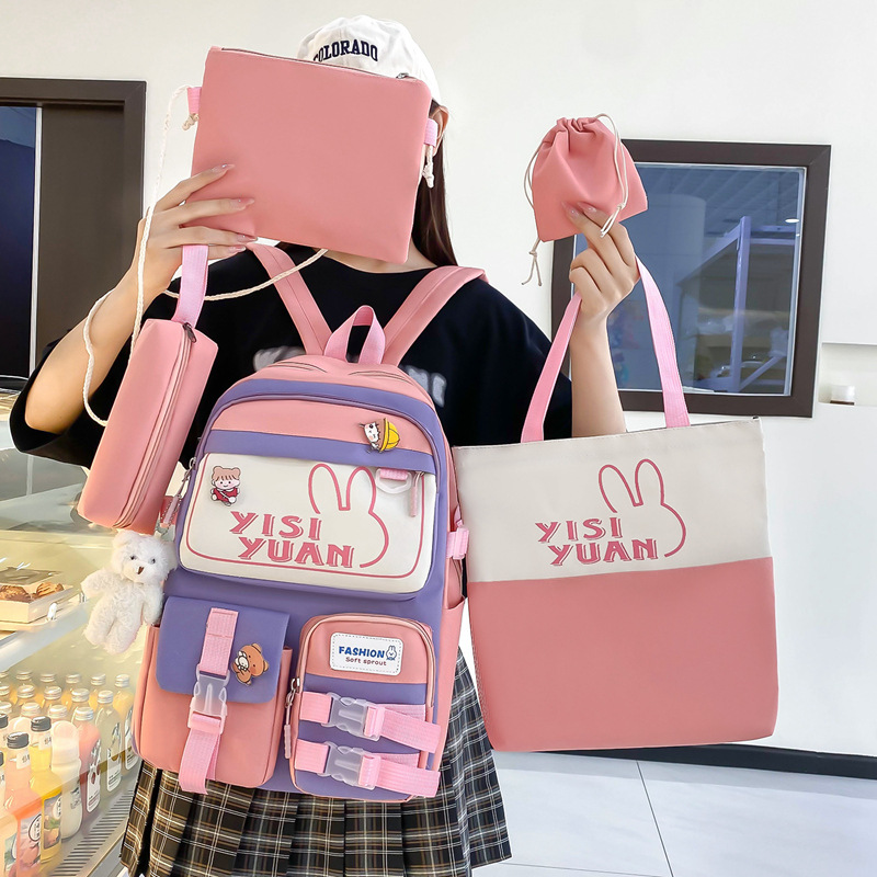 A new and fresh Korean-style backpack five-piece set for students, casual and versatile, lightweight and cute backpack for primary school students full figure
