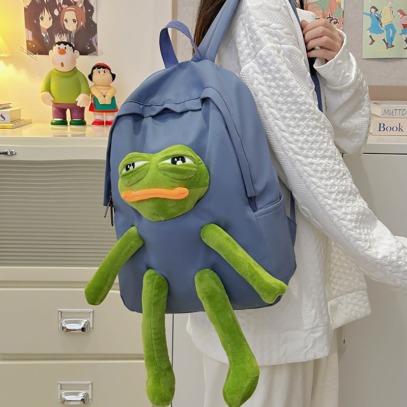 Korean version cute and funny student schoolbag, girl's personality frog doll backpack, large-capacity high school student backpack details Picture