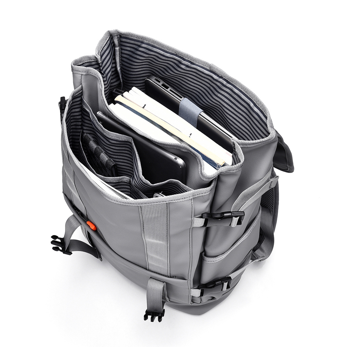 Casual backpack, multi-functional reflective strip cover type schoolbag, high appearance level, large-capacity travel backpack Application Scenario