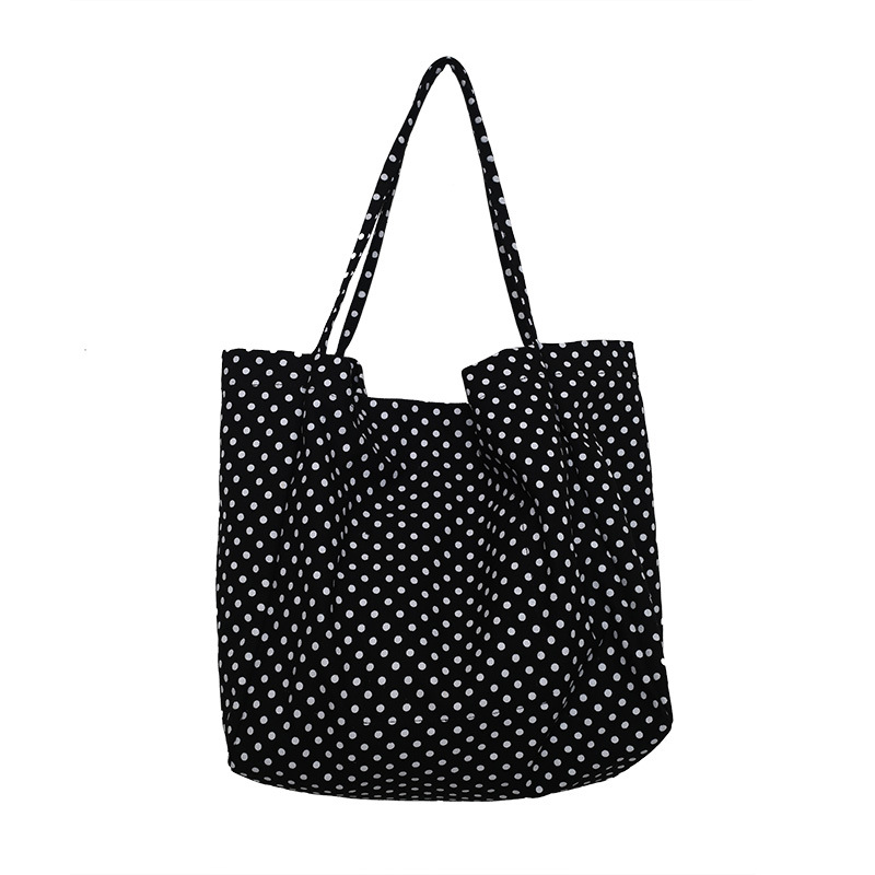 Retro and sweet polka dot fabric bag, cute and girlish lazy style tote bag, lightweight and casual fabric bag for class and going out Item Picture