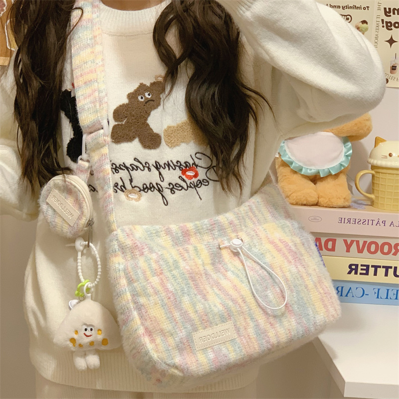 Autumn and winter rainbow plush knitted crossbody bag, Japanese ins niche large-capacity dumpling bag, forest-style girl single-shoulder bag full figure