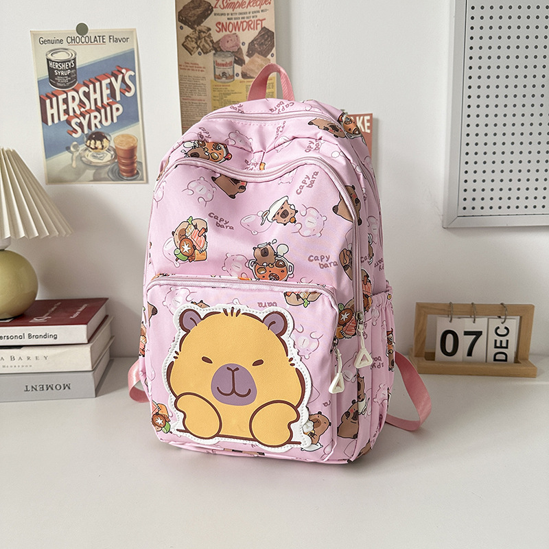 The 2025 new Capibarra cute printed cartoon schoolbag is a fashionable lightweight backpack for boys, girls and students Specification drawing