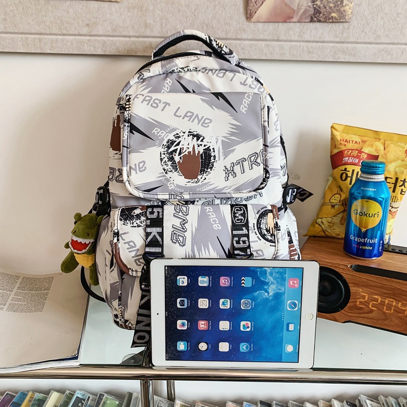 Backpack, large capacity, graffiti, trendy student travel computer, female couple printed schoolbag, male junior high school student backpack Application Scenario