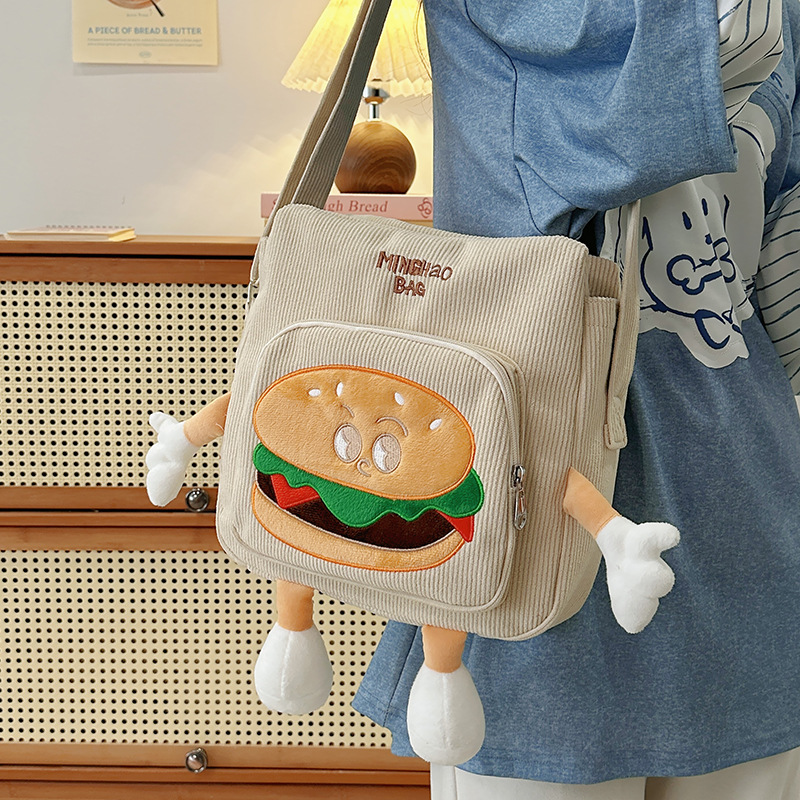 Cute hamburger crossbody bag for autumn and winter, Japanese Instagram cute corduroy cartoon single-shoulder bag, student commuting bag for class details Picture