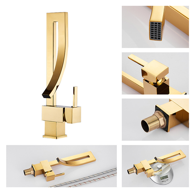 All-copper creative rotatable golden countertop basin, washbasin, hot and cold water faucet, modern kitchen sink, waterfall-style faucet full figure