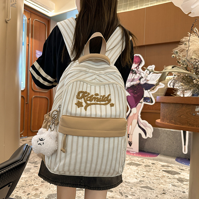 The new forest-themed ins high-appearance-level fresh and sweet candy-colored striped backpack is a large-capacity backpack for junior and senior high school students details Picture