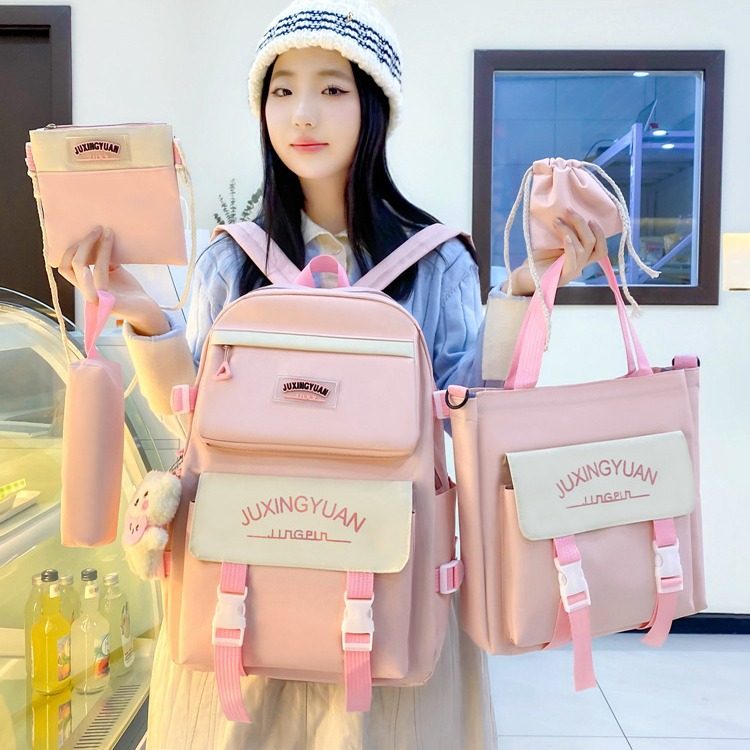 A large-capacity five-piece set of student schoolbag for girls, simple and versatile, trendy and casual backpack, a backpack that reduces burden and protects the spine for girls full figure
