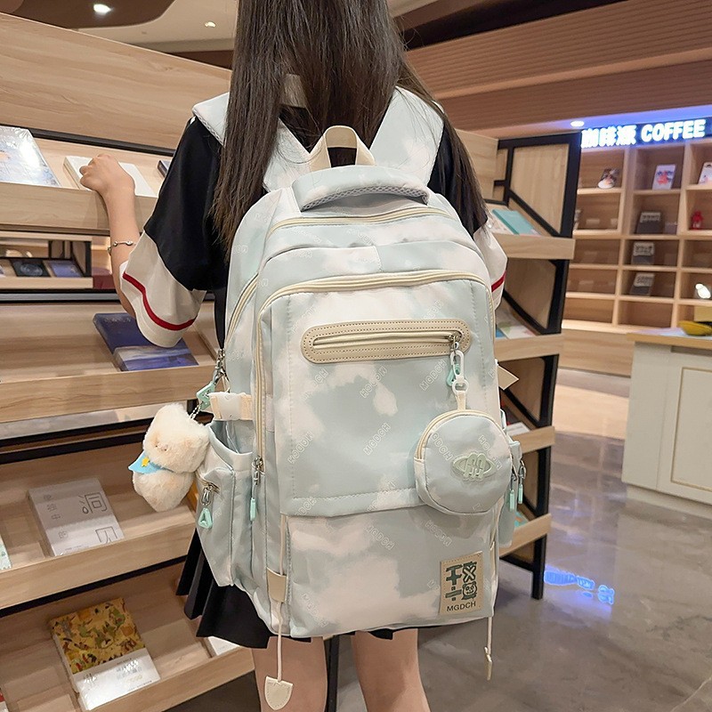 A new high-appearance-level, fresh and sweet tie-dyed color-blocking backpack from Japanese Instagram, a large-capacity backpack for female junior and senior high school students details Picture