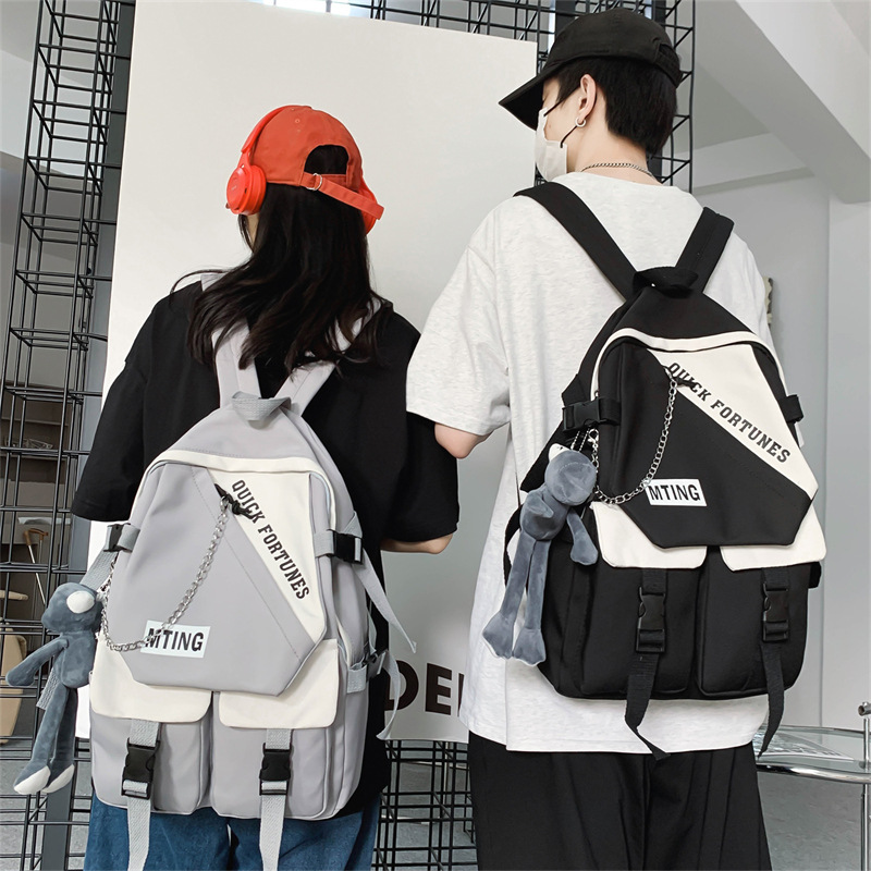 A simple and stylish backpack for a girl's college birthday, a trendy brand with contrasting colors, and a couple's high school backpack for middle school students details Picture