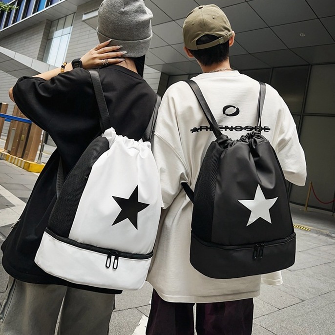 Star drawstring backpack, large-capacity dry and wet separation, wear-resistant, high appearance level, simple backpack, solid color, lightweight small bag full figure
