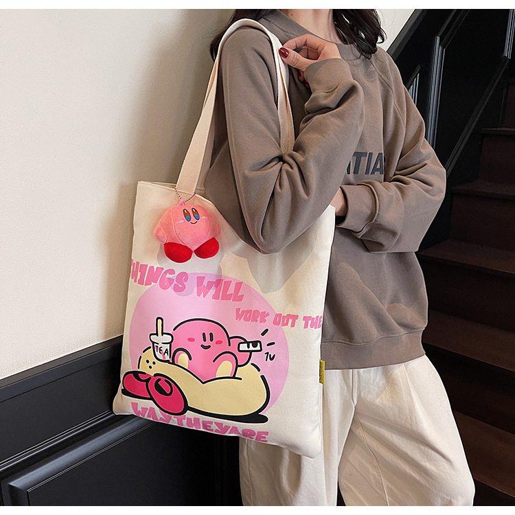 Canvas bag, cartoon handbag, ladies and students, large capacity lunch box bag, hand-held bag, cute tutorial bag, tote bag full figure