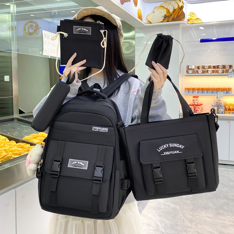 Five-piece cross-border supply schoolbag set, fashionable and versatile, for junior and senior high school girls, high appearance level, large-capacity backpack full figure