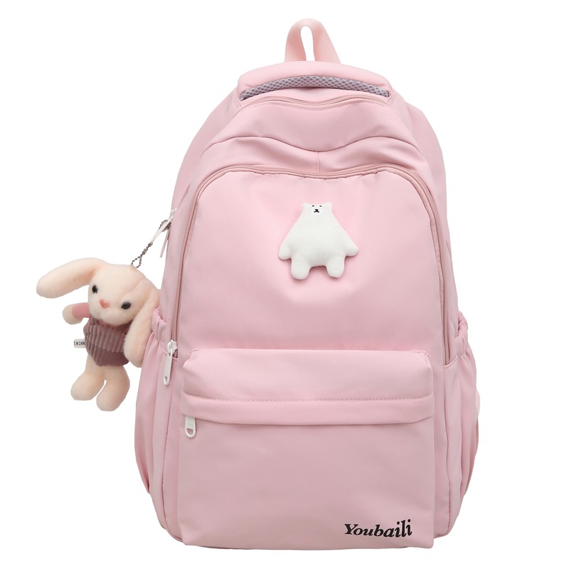 Solid-colored girls' backpacks, simple and lightweight schoolbags for junior high school students, cute little bears for girls, versatile backpacks for college students Item Picture