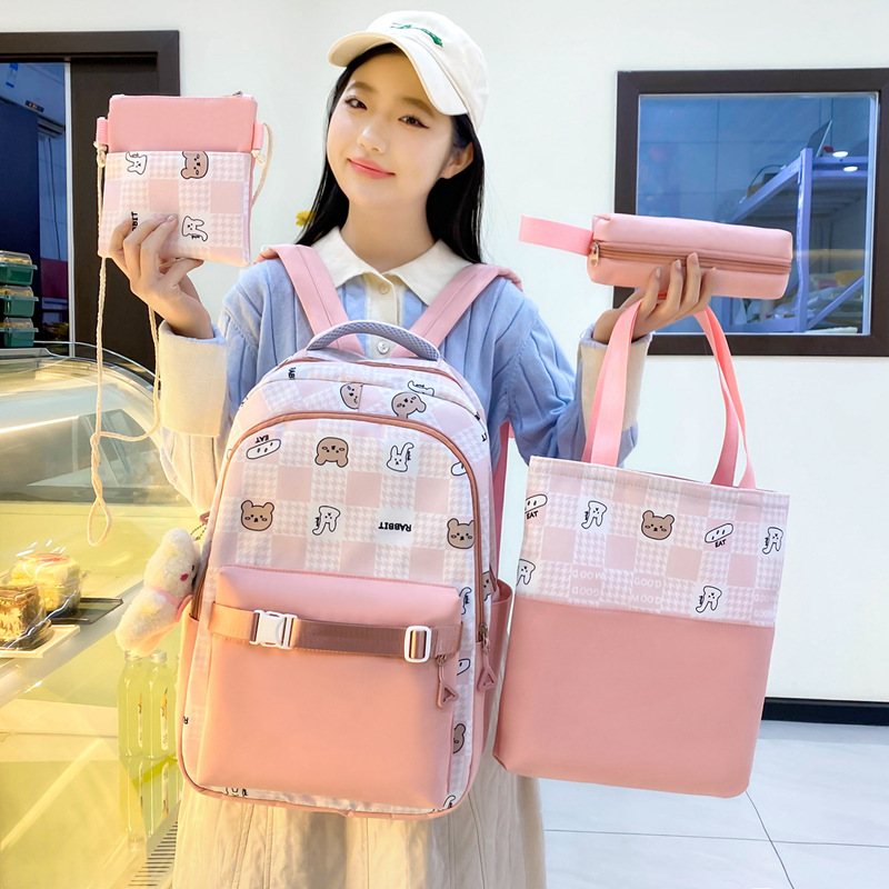 New, fresh and cute checkered backpack, cartoon bear, fashionable color-blocked girls' backpack, junior high school students' schoolbag full figure