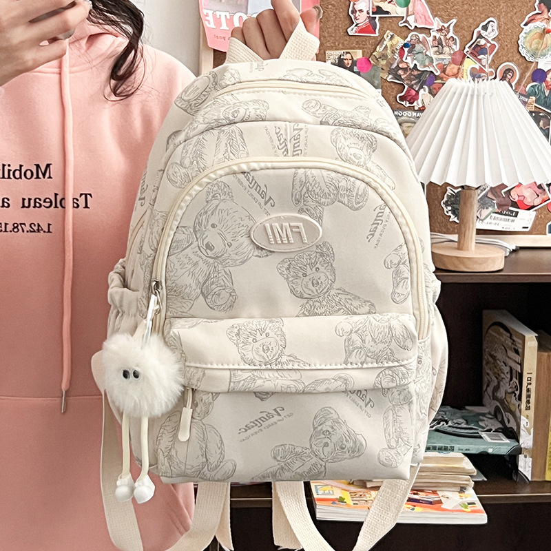 Korean version bear print backpack, large-capacity ins forest-themed cute mini backpack, versatile shopping bag full figure