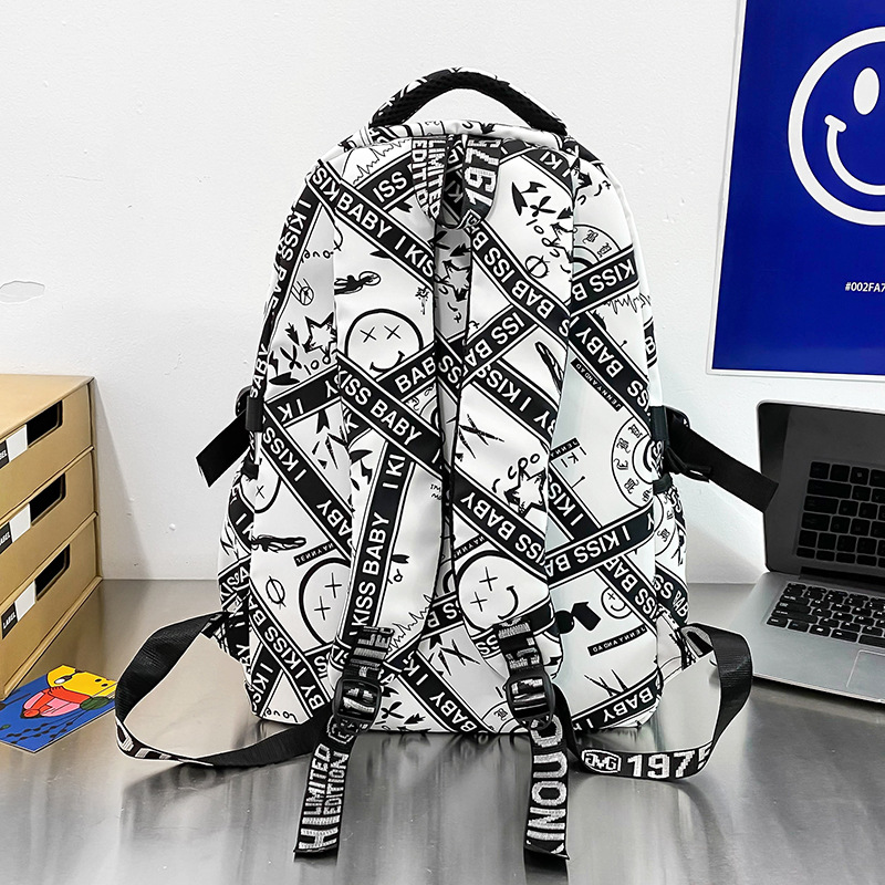 Male college student schoolbag, large-capacity trendy brand, Hong Kong-style couple's trendy backpack, Japanese-style personalized graffiti travel bag Specification drawing