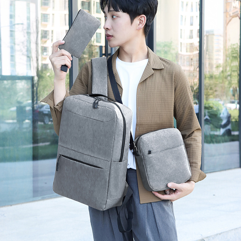 Manufacturer's in-stock solid-color simple business men's backpacks, casual and lightweight computer bags, large-capacity three-piece backpacks details Picture