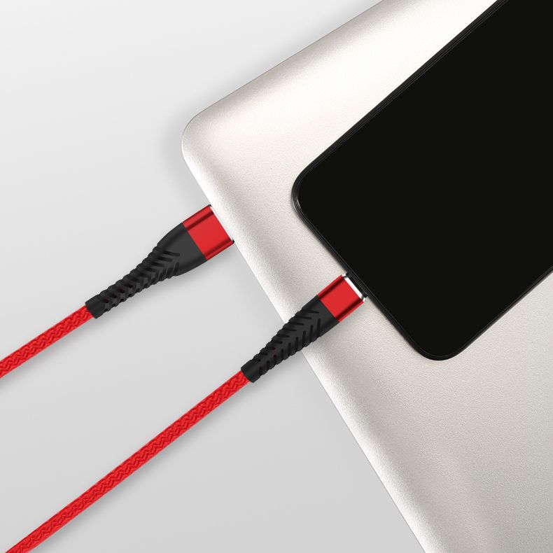 The fish-tail pin braided data cable is foldable and wear-resistant. The 2.4A fast charging cable is suitable for iPhone 15 and Android Type- Specification drawing