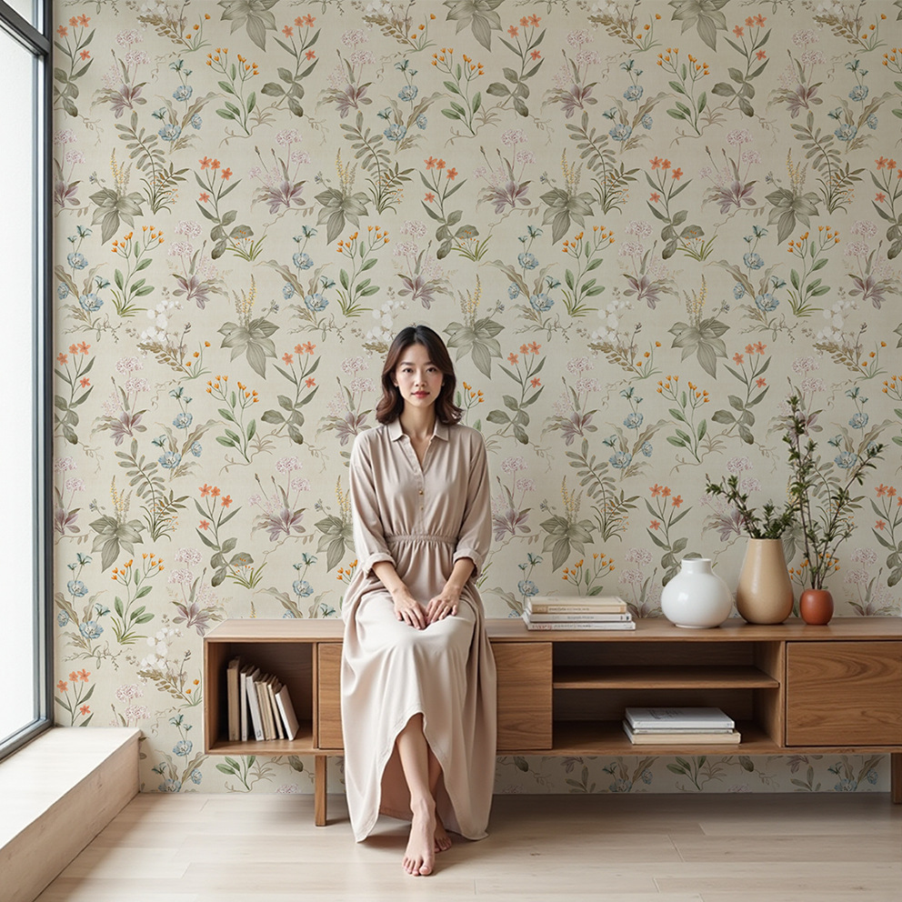 The popular French-style living and dining room background wall paper, retro floral live-streaming film wall fabric, seamless 3d mural full figure