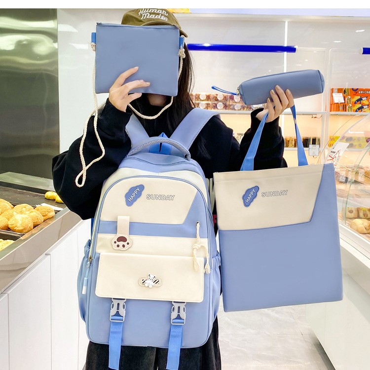 Junior high school backpack for girls, Korean version Harajuku large capacity four-piece set, middle school backpack with high appearance level, college student schoolbag full figure
