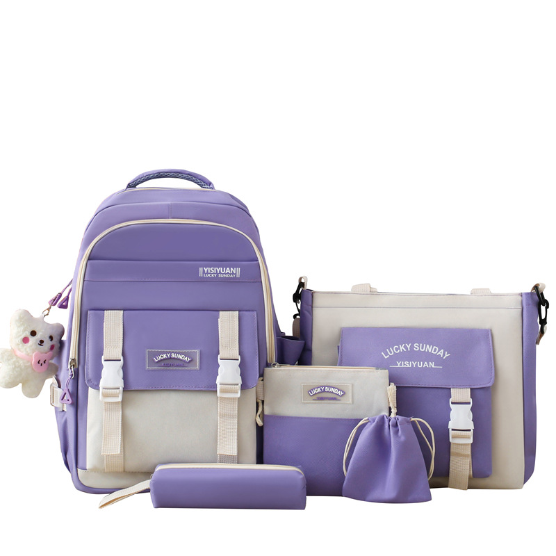Five-piece cross-border supply schoolbag set, fashionable and versatile, for junior and senior high school girls, high appearance level, large-capacity backpack Item Picture