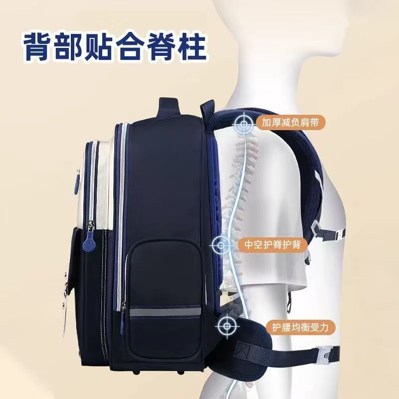 Backpack, children's backpack, waterproof cartoon casual storage bag, primary school student backrest bag, large capacity, solid color British style details Picture