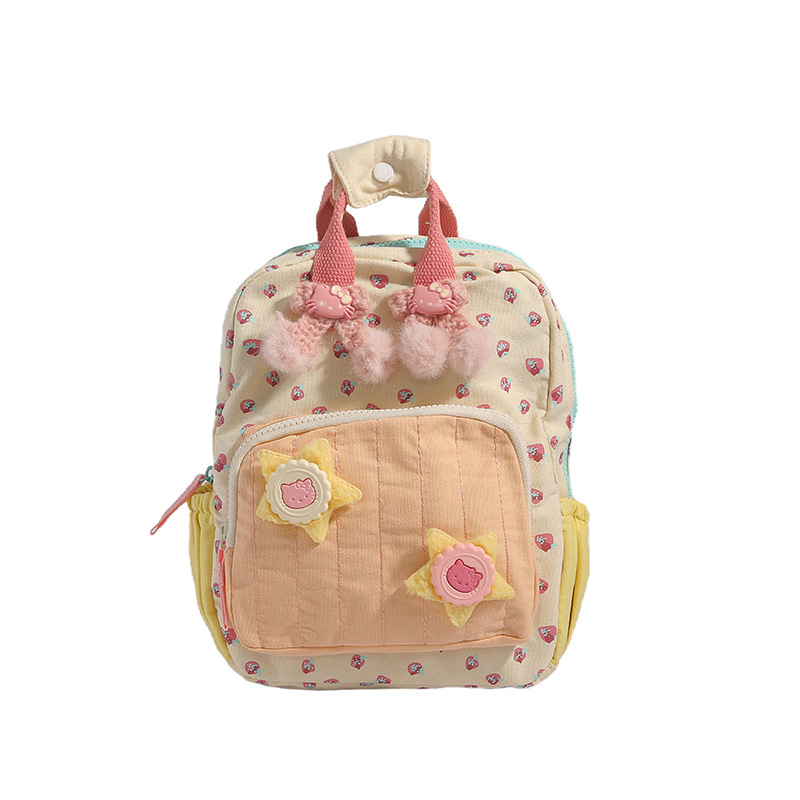 2024 New canvas strawberry-printed girls' schoolbag, dopamine color-blocking backpack, cute mini commuter bag Item Picture