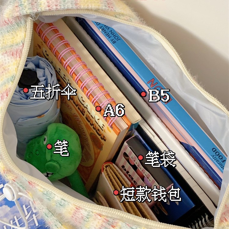 Autumn and winter rainbow plush knitted crossbody bag, Japanese ins niche large-capacity dumpling bag, forest-style girl single-shoulder bag Application Scenario