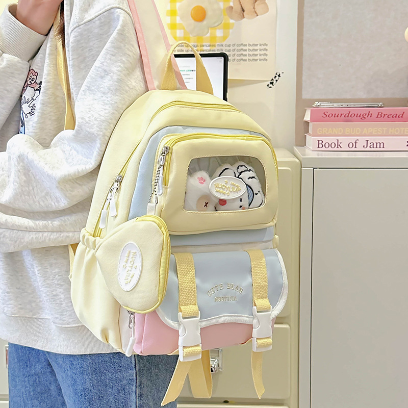 This is a fresh and cute backpack for children and primary school students in grades 3 to 6. It features a sweet style with a contrasting color and a transparent layer details Picture