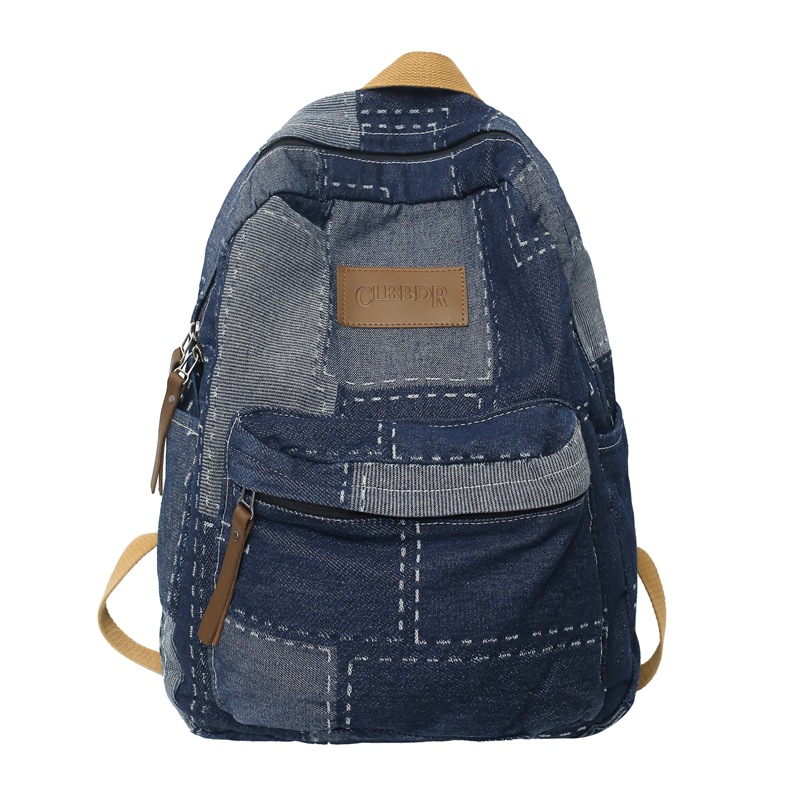 Korean-style laid-back denim backpack, school-style student backpack, washable retro patchwork denim backpack Item Picture