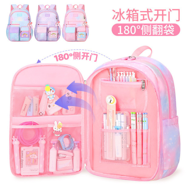 Primary school schoolbag, girl's back support, lightweight large-capacity backpack, refrigerator side-opening, cute children's bag, super lightweight full figure